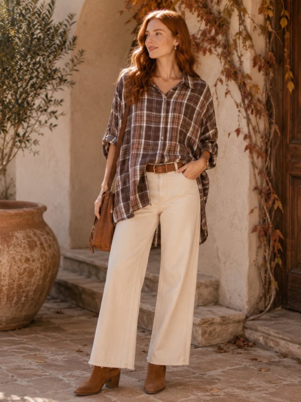 Day + Moon Oversized Brown Plaid Button Up Top Womens S Boho Flannel